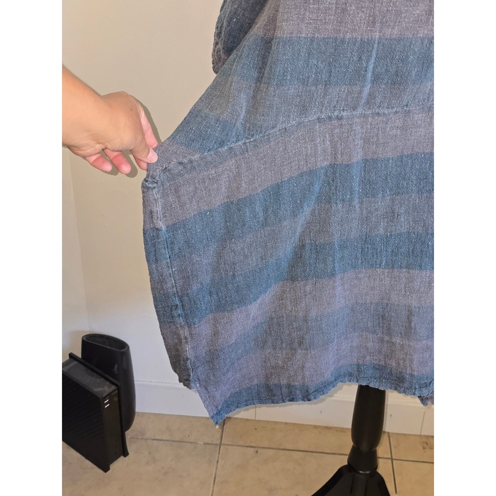 Luukaa Women Tunic Top Large Blue Gray Striped Linen Pocket Lagenlook minimalist - Picture 5 of 11